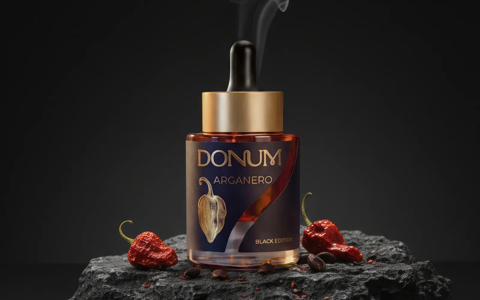 Der ARGANERO Black Edition Flakon mit Pipette auf Vulkanstein, begleitet von Habaneros